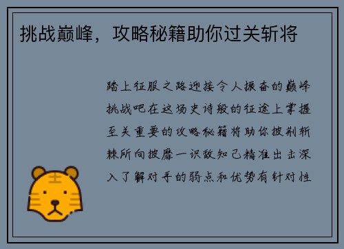 挑战巅峰，攻略秘籍助你过关斩将