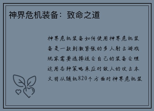 神界危机装备：致命之道